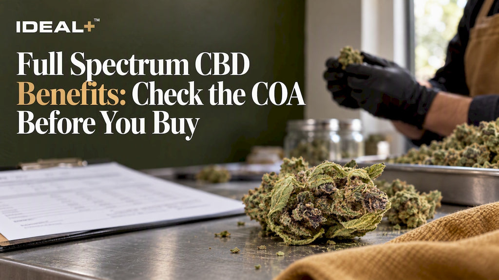 CBD flower beside a batch analysis certificate