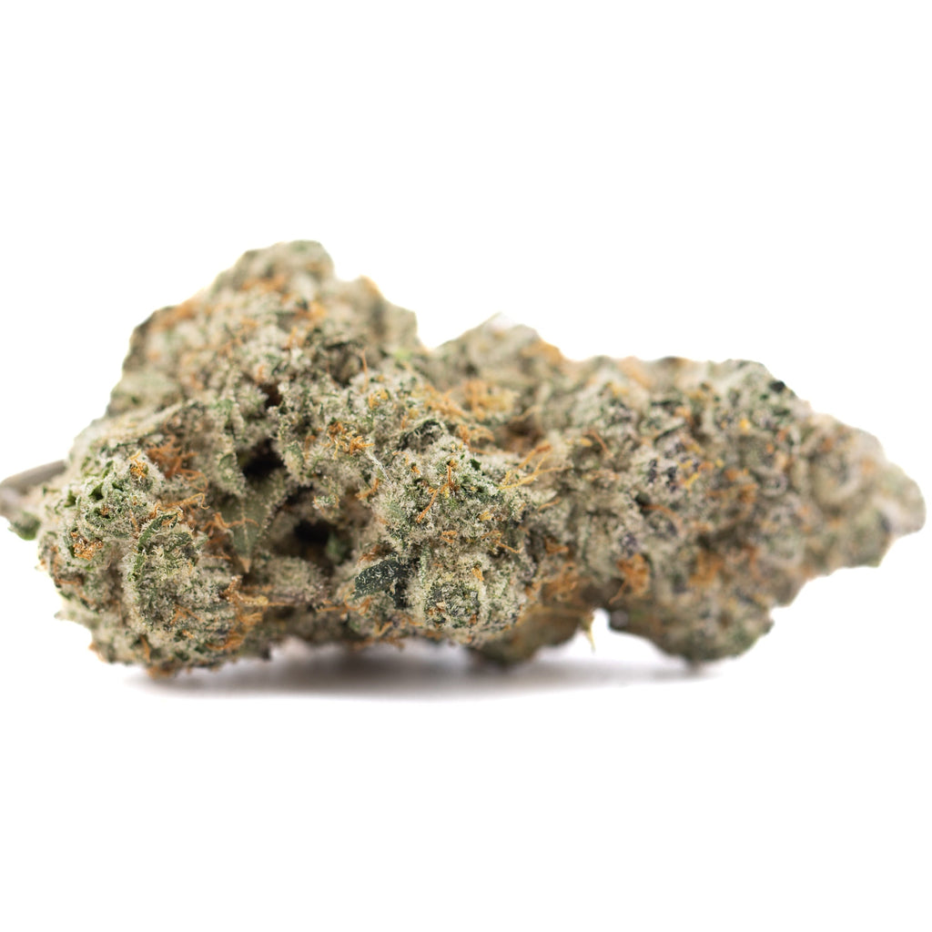 Blueberry Kush pure indica flower with green orange hues and dense resin