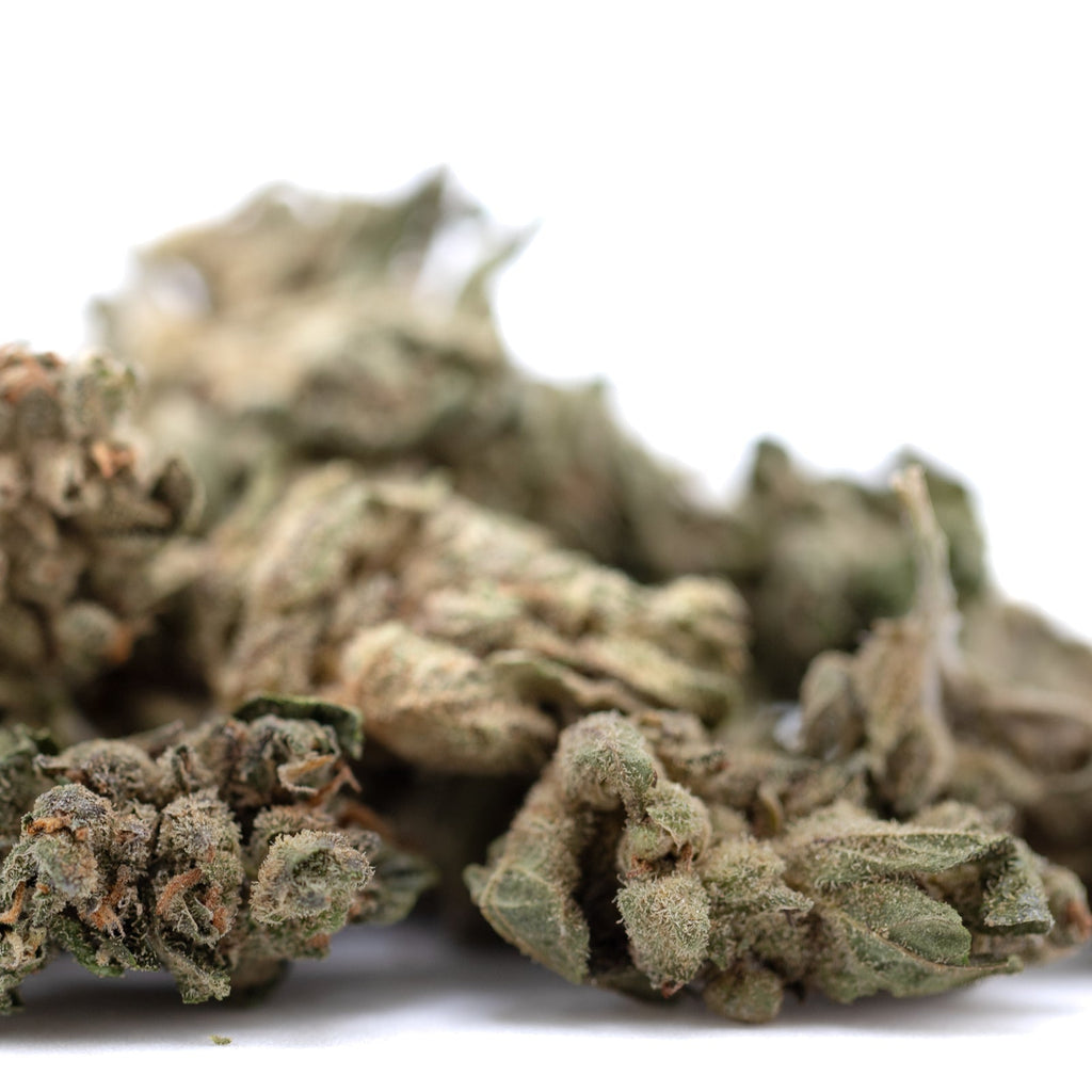 Sour Apple THCa Flower Smalls: marijuana buds with green leaves and brown stems