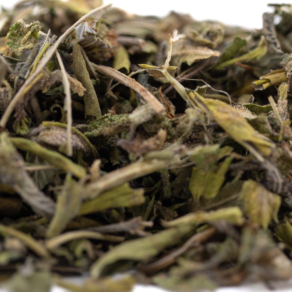 Sunset Sherbet THCa trim with dried mint leaves in green brown hues